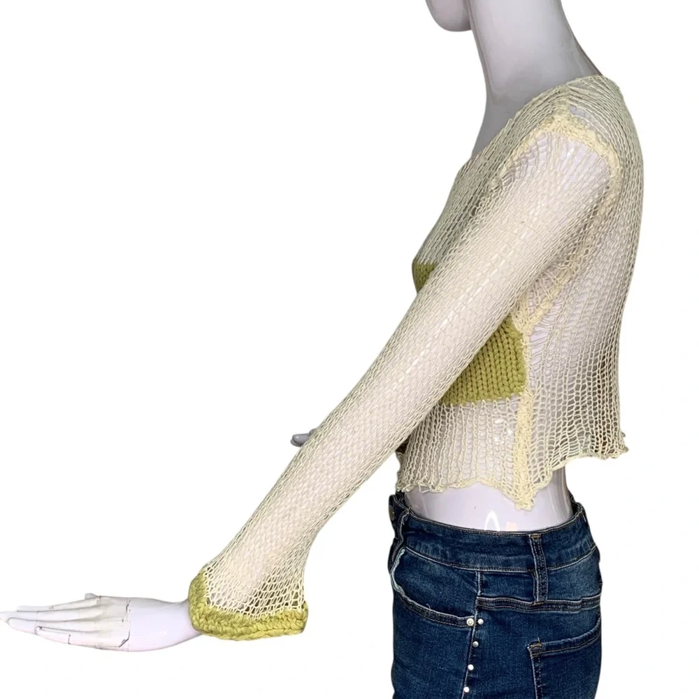 Klesis Crop Top Crochet Long Sleeve Beige Green Size S